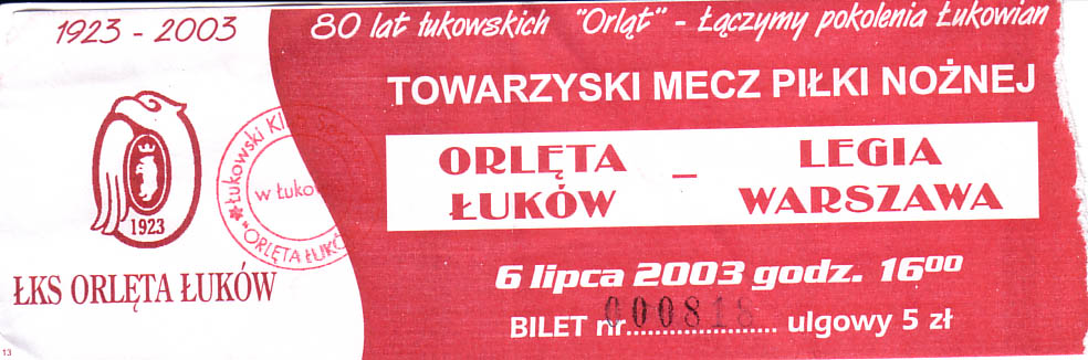 Bilet z meczu Orlęta-Legia - fot. Ursyn